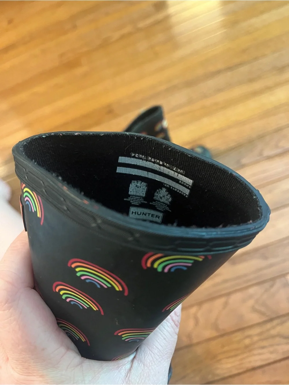 Hunter Kids Black Rain Boots with Rainbow Print